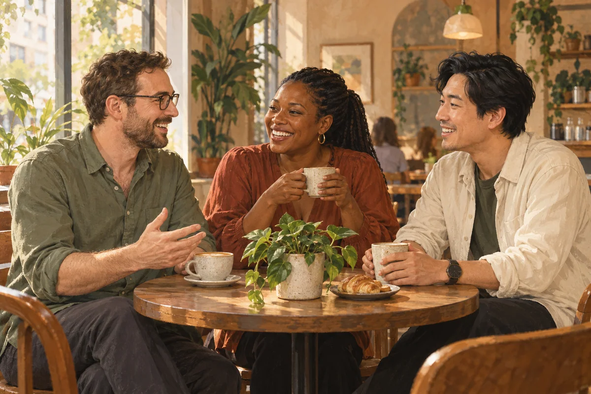 Illustration of three adult friends enjoying a conversation at a café.