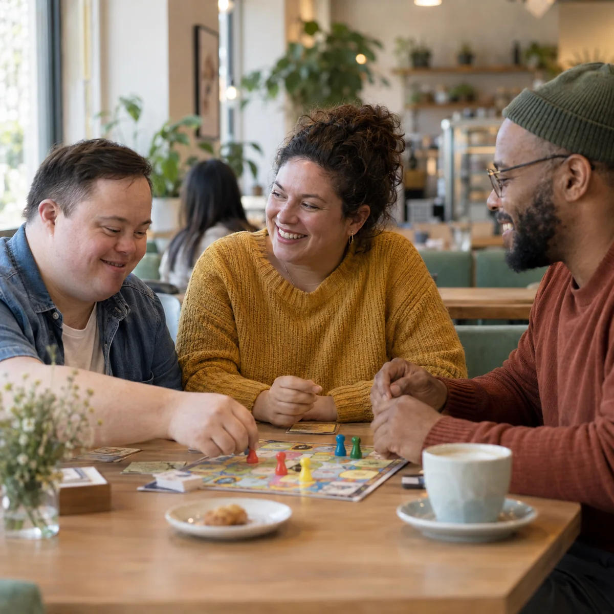 Three adult friends smiling and playing a board game together at a café.