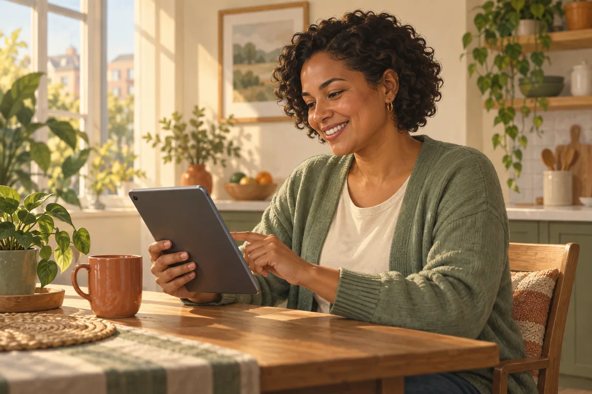 Illustration of an adult smiling while using a tablet at home.